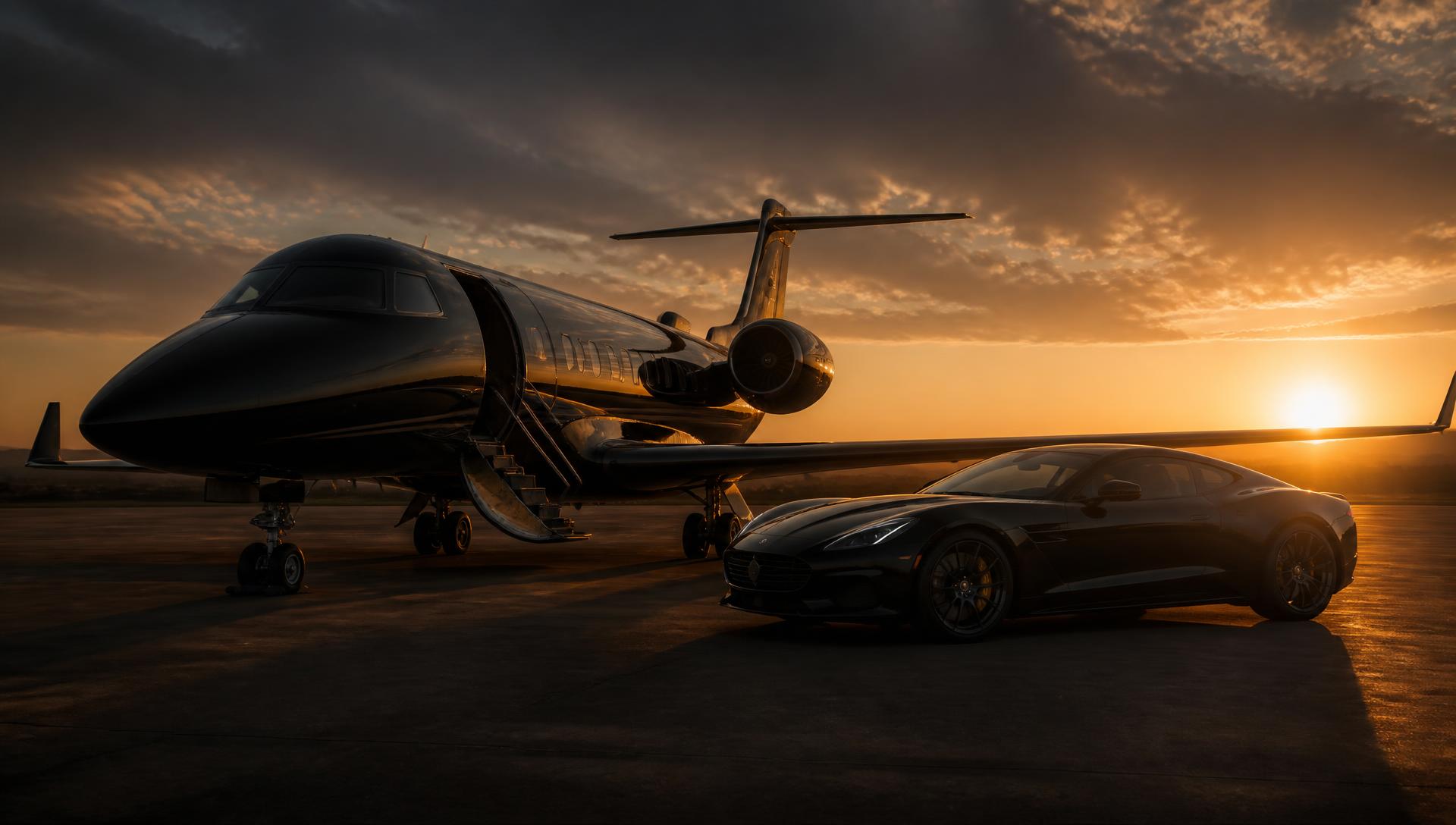 Private jet and supercar at golden dusk